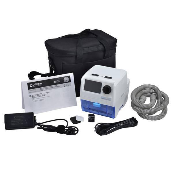 Stock photo of Drive DeVilbiss Medical IntelliPAP 2 Auto CPAP Machine, machine bag, tubing, power cord, filters, and SD card