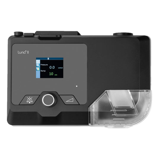 Stock photo of React Health Luna II Auto CPAP machine with heated humidifier