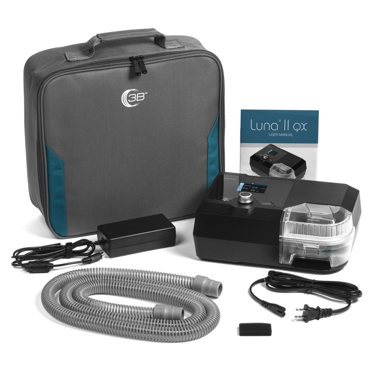 Stock photo of React Health Luna II QX Auto CPAP machine with heated humidifier, machine bag, power block and cord, tubing, and filter