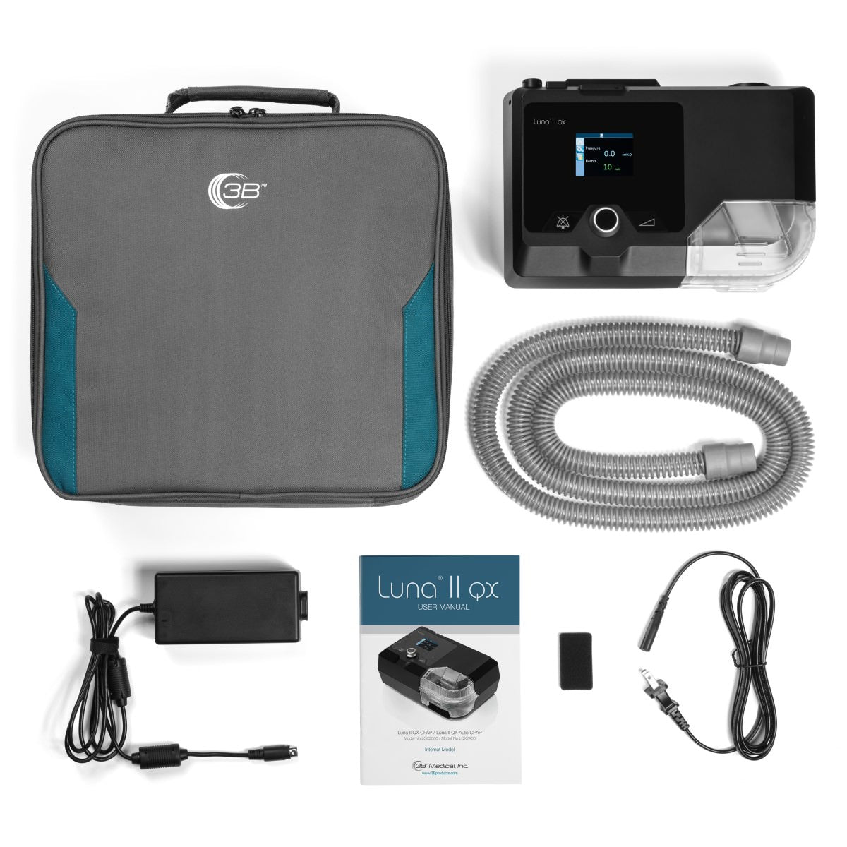 Stock photo of React Health Luna II QX Auto CPAP machine with heated humidifier, machine bag, power block and cord, tubing, and filter