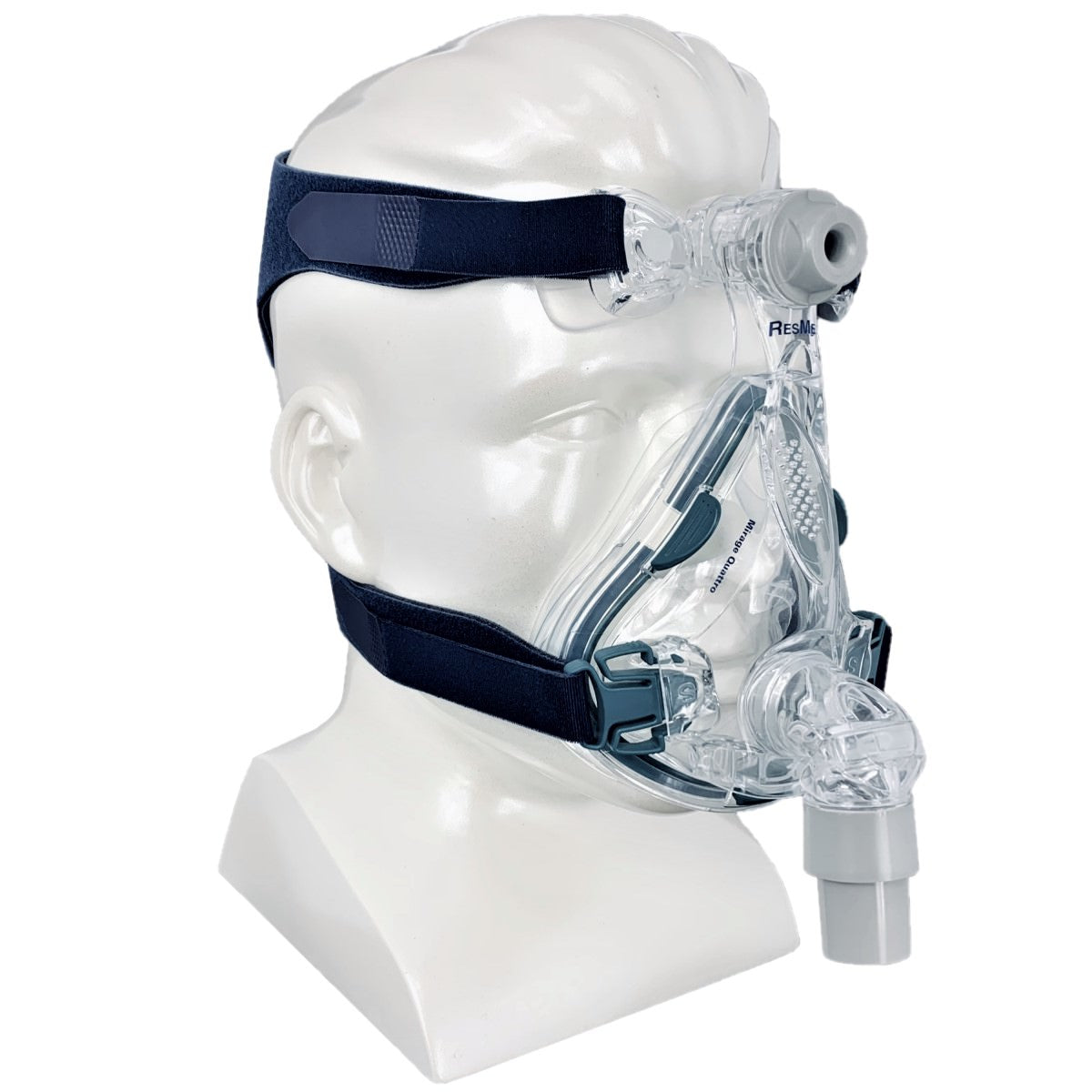 Angled Stock Image of ResMed Mirage Quattro Full Face CPAP Mask W/ Headgear