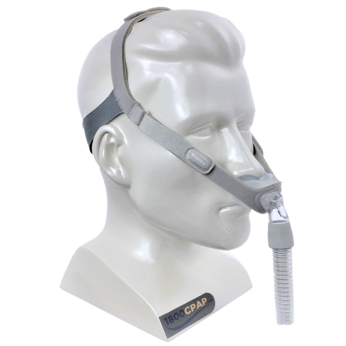 Stock photo of Philips Respironics Nuance and Nuance Pro nasal pillow CPAP mask with headgear