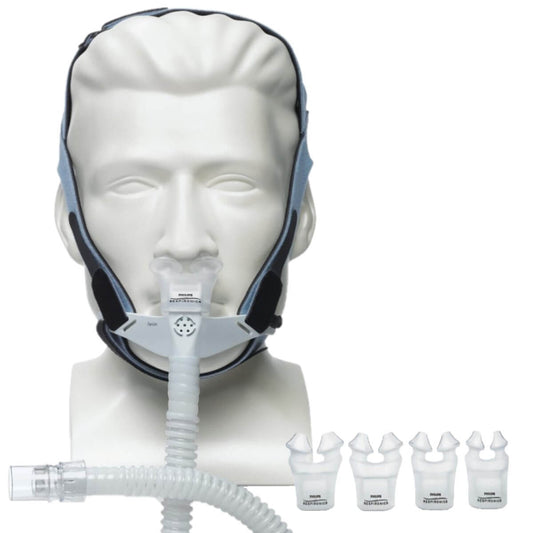 Stock photo of Philips Respironics OptiLife nasal pillow CPAP mask with headgear