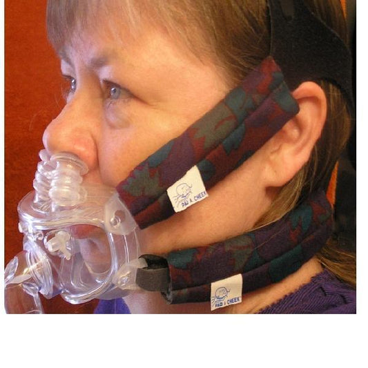 Photo of woman wearing Pad A Cheek full face CPAP mask strap pad cover for Mirage Hybrid, Liberty, and FullLife
