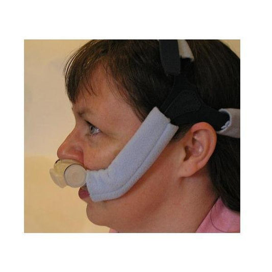 Photo of woman wearing Pad A Cheek nasal pillow CPAP mask strap cover for Mirage Swift and Swift II