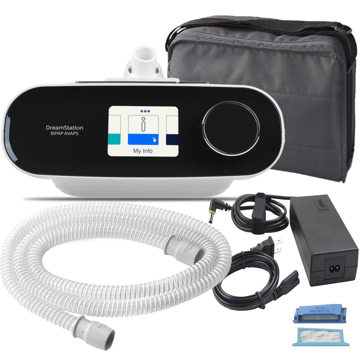 Stock photo of Philips Respironics DreamStation BiPAP AVAPS machine, machine bag, tubing, power block and cord, and filters