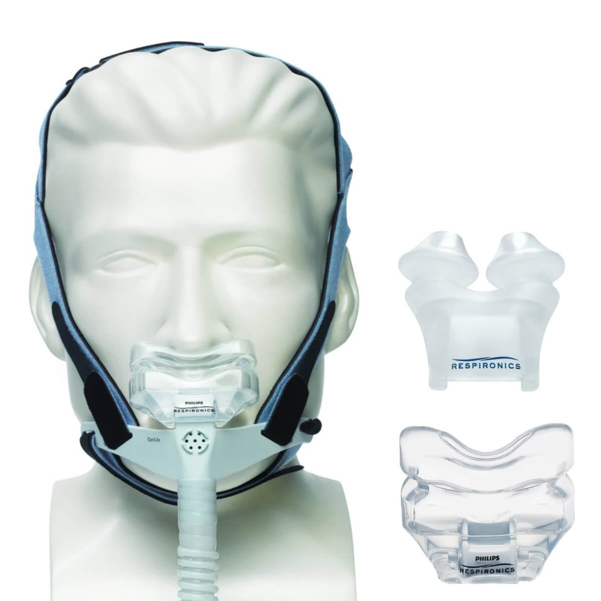 Stock photo of Philips Respironics OptiLife nasal pillow CPAP mask with headgear