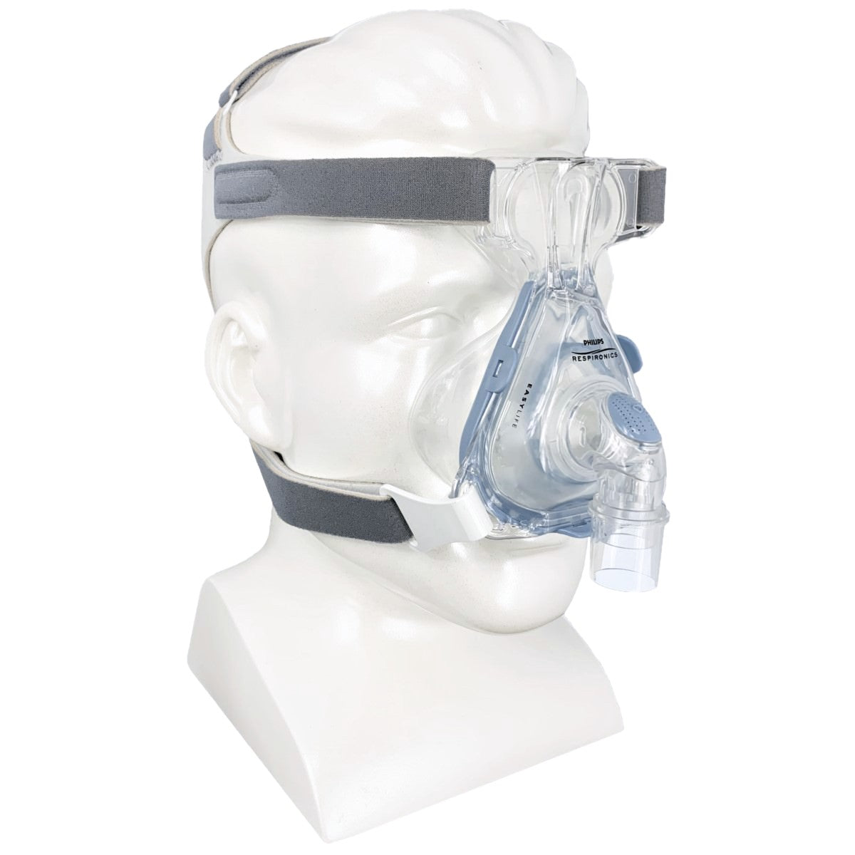Angled View of Philips Respironics EasyLife Nasal CPAP Mask W/ Headgear on Mannequin Head