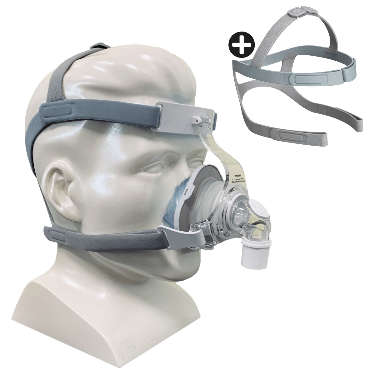 Stock photo of Philips Respironics TrueBlue nasal CPAP mask with optional headgear