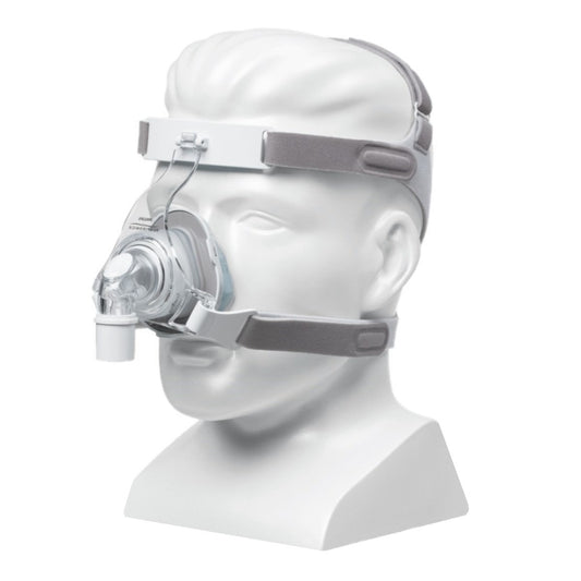 Stock photo of Philips Respironics TrueBlue nasal CPAP mask with headgear