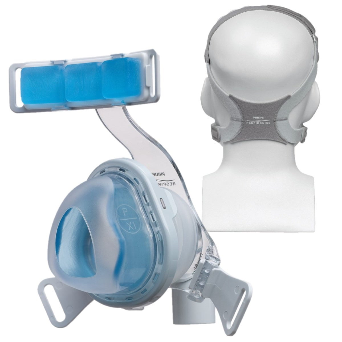 Stock photo of Philips Respironics TrueBlue nasal CPAP mask with headgear