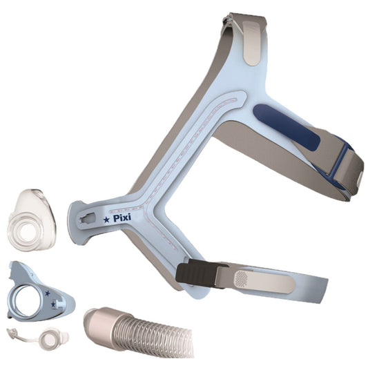 Stock photo of ResMed Pixi Pediatric nasal CPAP mask with headgear