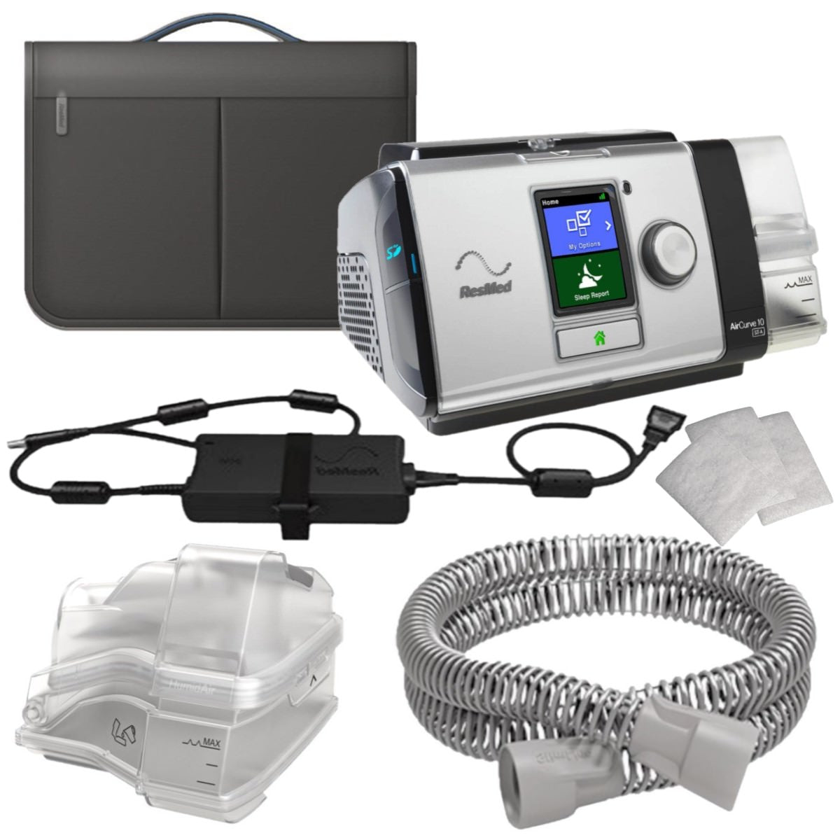 Stock photo of ResMed AirCurve 10 ST A CPAP machine with humidifier, machine bag, tubing, power cord and block, water chamber, and filters