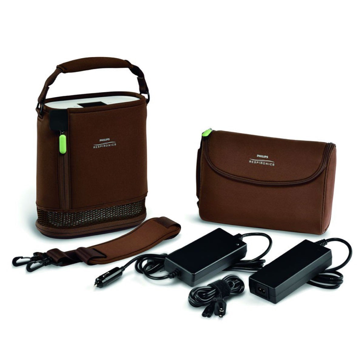 Stock photo of Philips Respironics Certified Refurbished SimplyGo mini oxygen concentrator, carrying case, and power cord