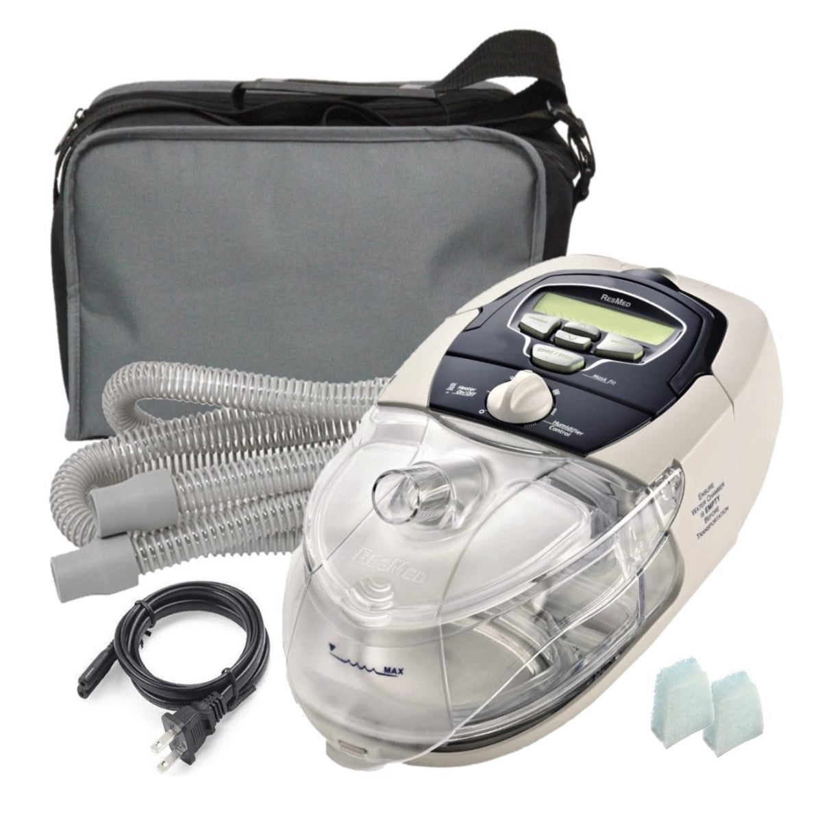 Stock photo of Certified Refurbished ResMed S8 Elite CPAP machine, machine bag, tubing, power cord, and filters