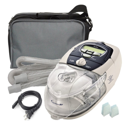 Stock photo of Certified Refurbished ResMed S8 Elite CPAP machine, machine bag, tubing, power cord, and filters