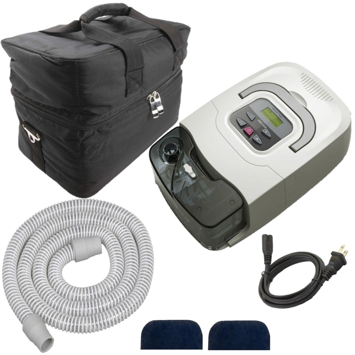 Stock photo of 3b Medical RESmart CPAP machine with humidifier, carrying case, tubing, power cord, and filters
