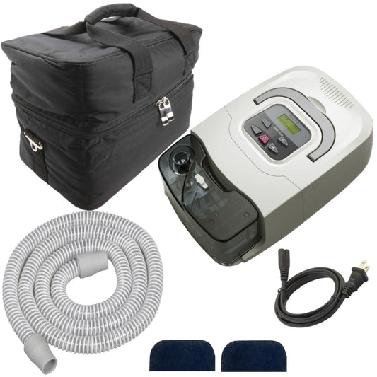 Stock photo of 3b Medical RESmart CPAP machine with humidifier, carrying case, tubing, power cord, and filters