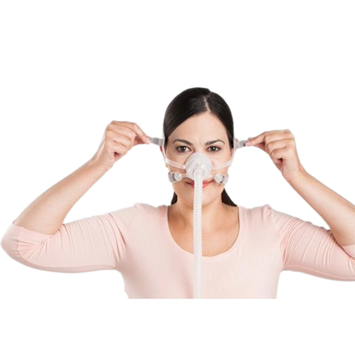Woman fitting a ResMed CPAP Mask on