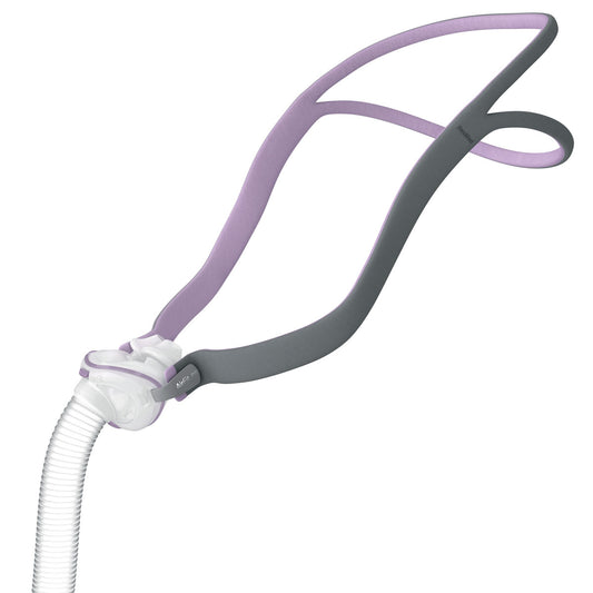 Stock photo of ResMed AirFit P10 for her nasal pillow CPAP mask with headgear