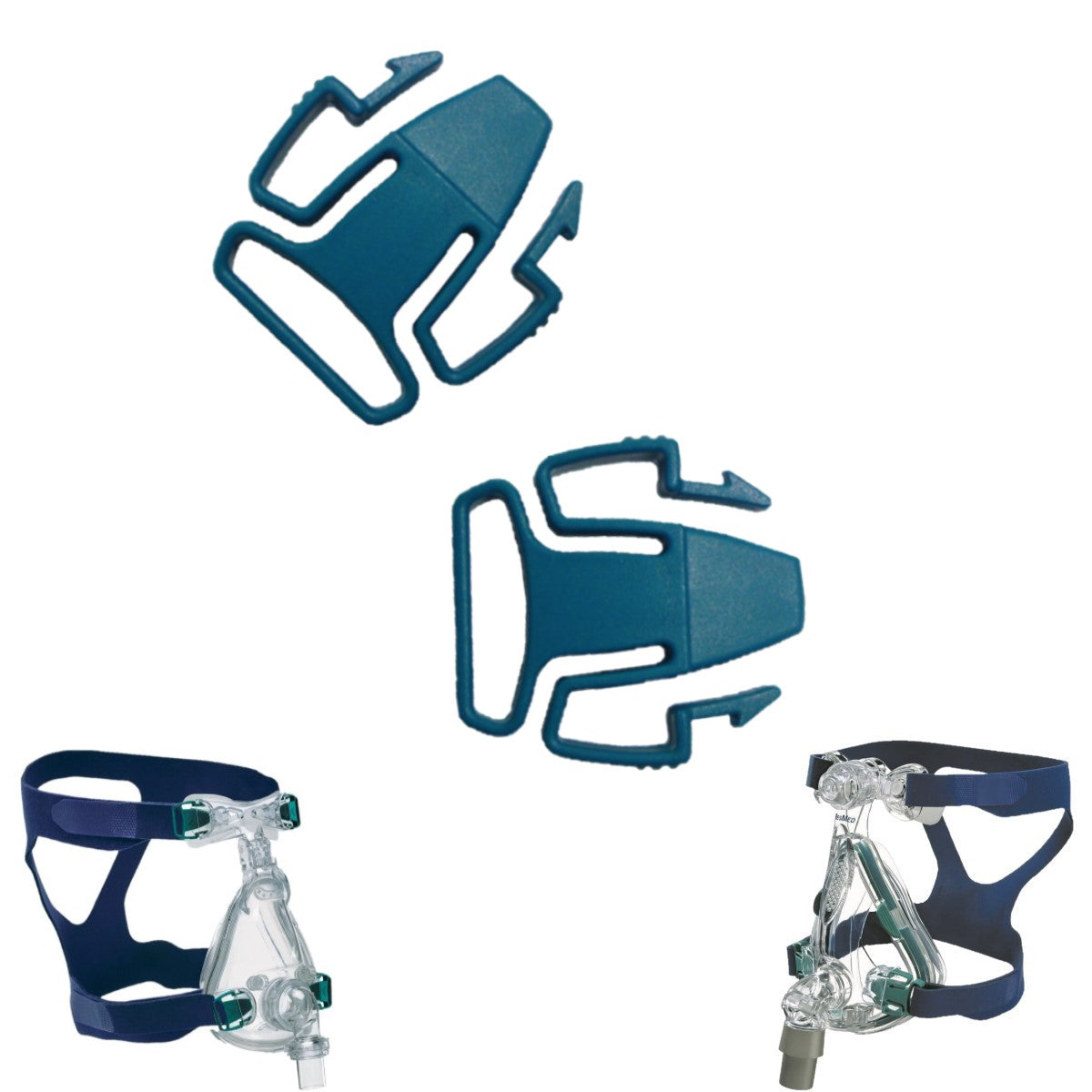 Stock photo of ResMed Mirage Activa and Ultra Mirage full face Quattro CPAP mask headgear clips