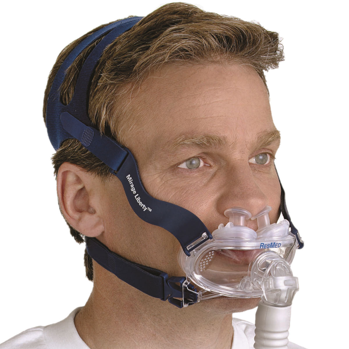 Stock photo of man wearing ResMed Mirage Liberty full face CPAP mask with headgear