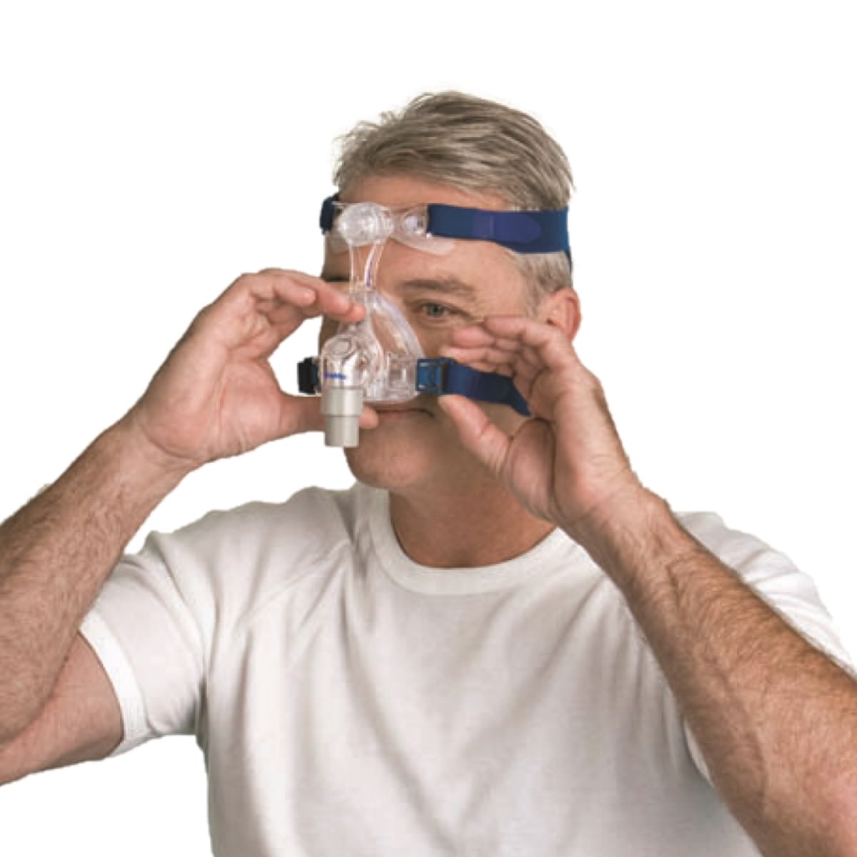 Stock photo of man wearing ResMed Mirage Micro CPAP mask with headgear