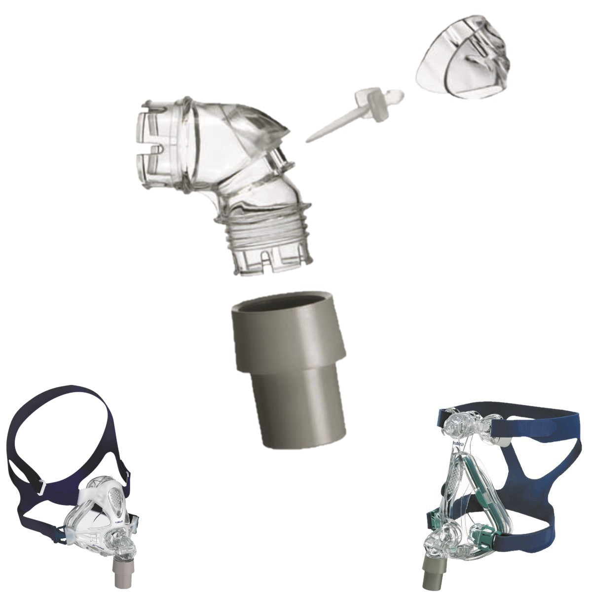 Stock photo of ResMed Mirage Quattro full face CPAP mask replacement elbow