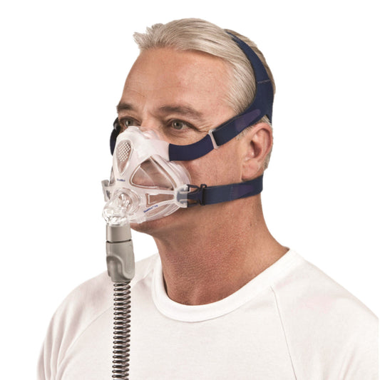 Stock photo of man wearing ResMed Quattro FX full face CPAP mask with headgear