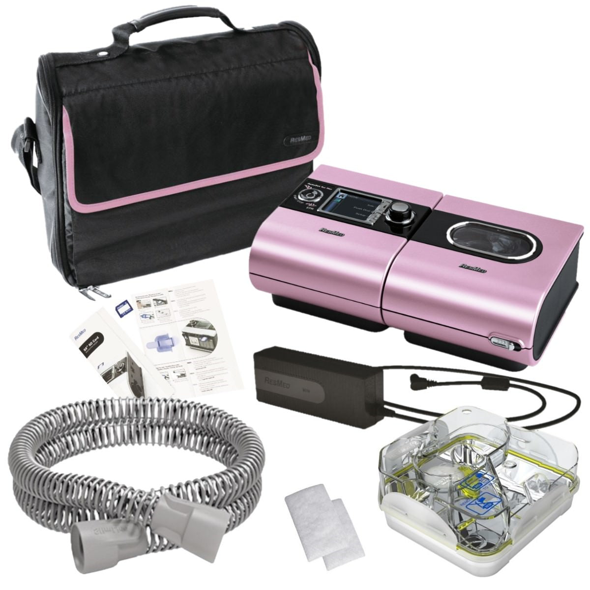 Stock photo of ResMed S9 AutoSet for her CPAP machine with h5i water chamber, tubing, SD card, filters, machine bag, and power block and cord