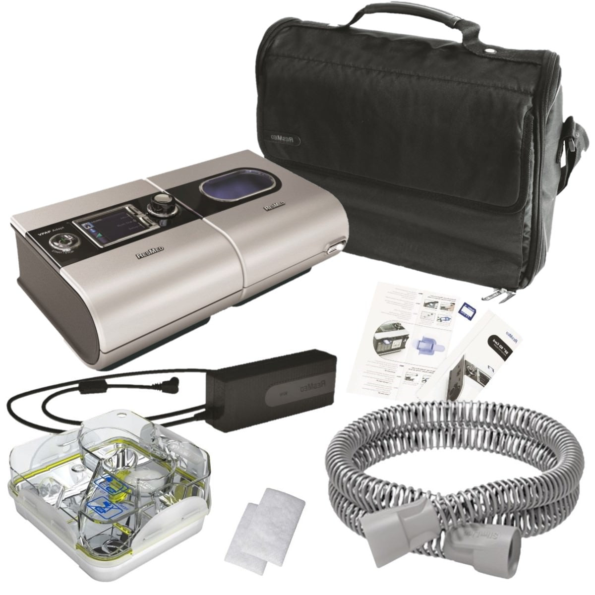 Stock photo of ResMed S9 VPAP Adapt machine, machine bag, SD card, filters, power cords, water chamber, and tubing