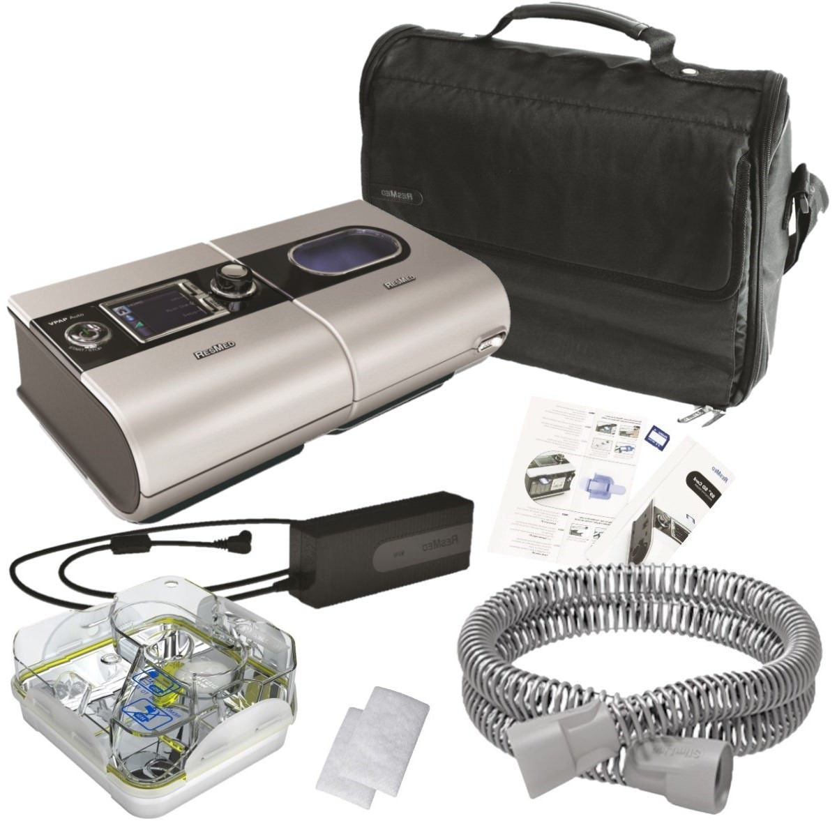 Stock photo of ResMed S9 VPAP Auto machine with h5i humidifier, ClimateLine tubing, machine bag, filters, and SD card
