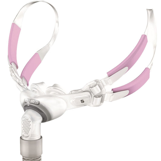 Stock photo of ResMed Swift FX Bella for her nasal pillow CPAP mask with headgear