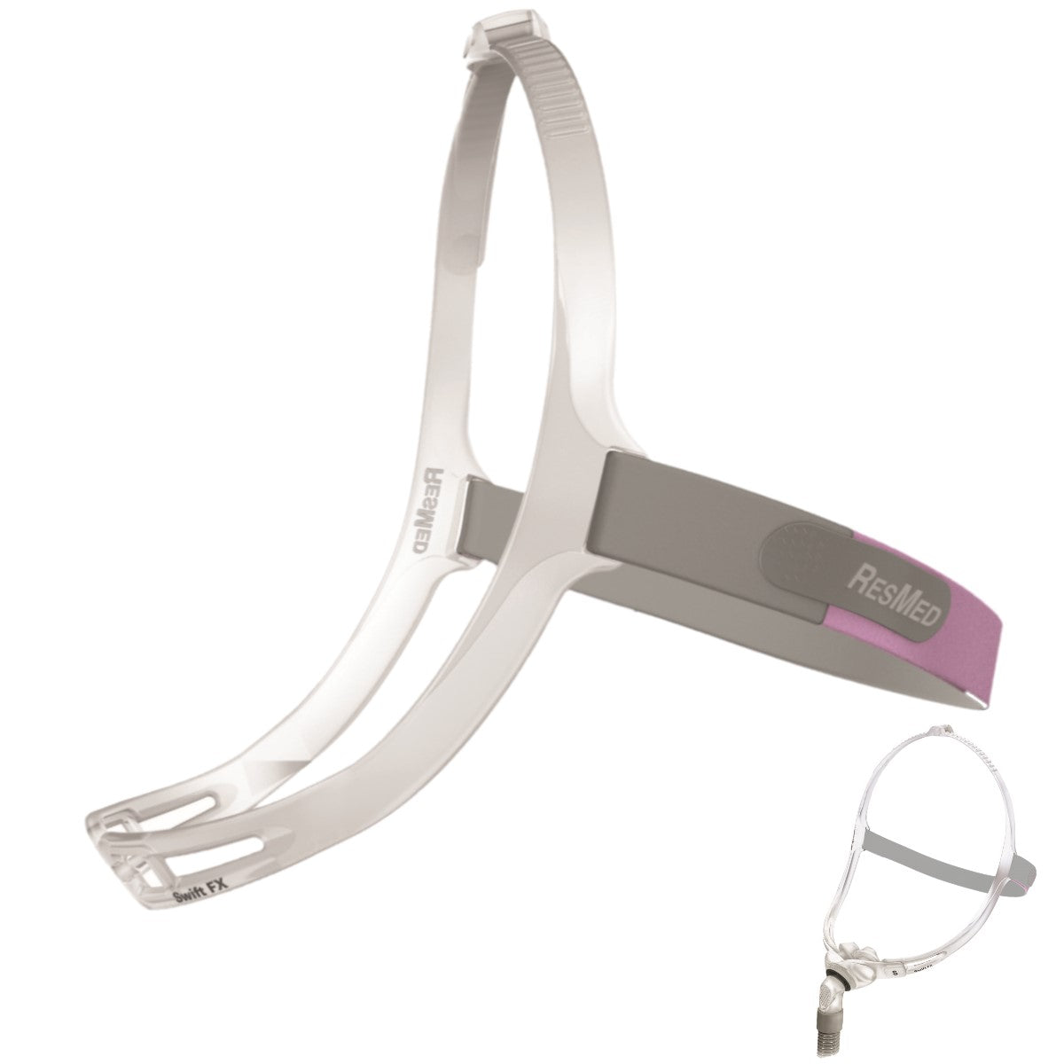 Stock photo of ResMed Swift FX for her nasal pillow CPAP mask with headgear