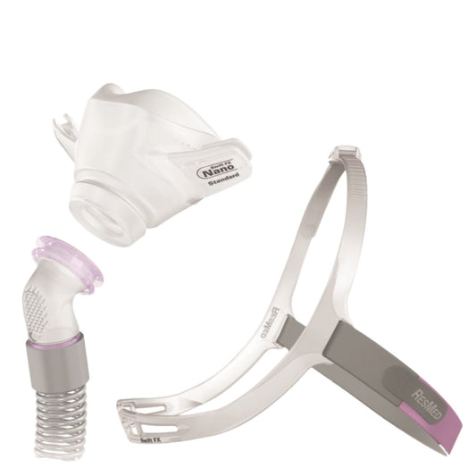 Stock photo of ResMed Swift FX Nano for her nasal CPAP mask with headgear