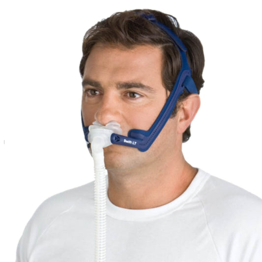 Stock photo of man wearing ResMed Swift LT nasal pillow CPAP mask