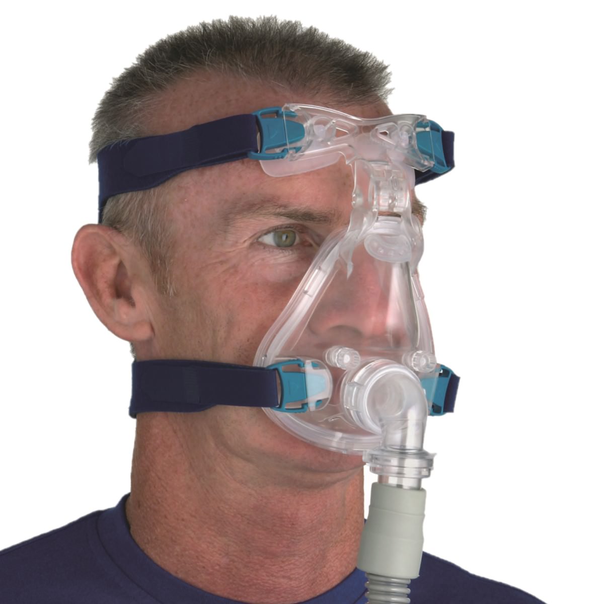 Stock photo of man wearing a ResMed Ultra Mirage Full Face CPAP mask with headgear