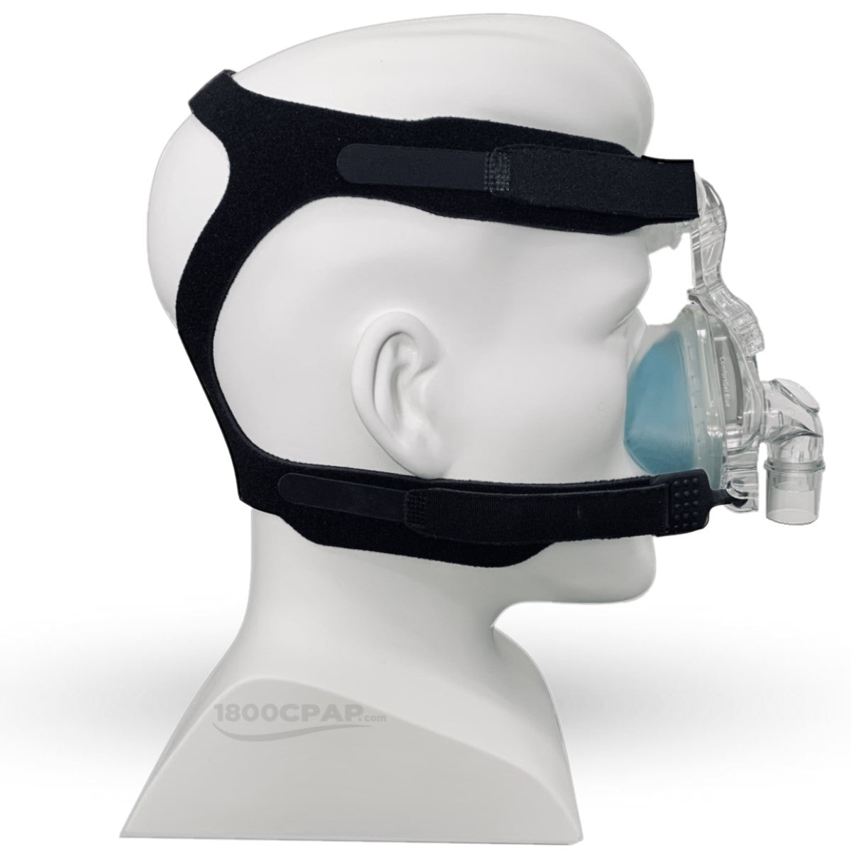 Side View of Philips Respironics ComfortGel Blue Nasal CPAP Mask W/ Headgear on Mannequin Head