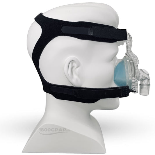 Side View of Philips Respironics ComfortGel Blue Nasal CPAP Mask W/ Headgear on Mannequin Head