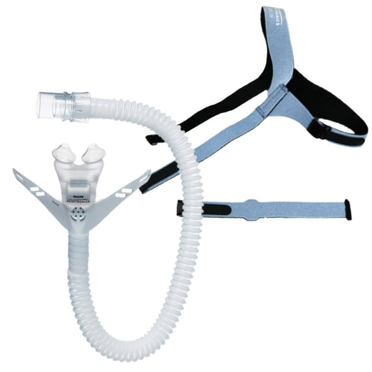 Stock photo of Philips Respironics OptiLife Nasal Pillow CPAP mask with headgear