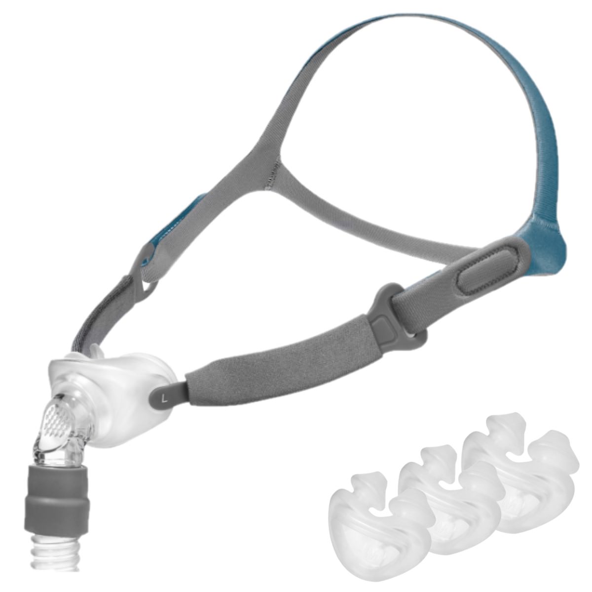 Angled Stock Image of Rio II Nasal Pillow Mask Kit W/ Headgear by React Health