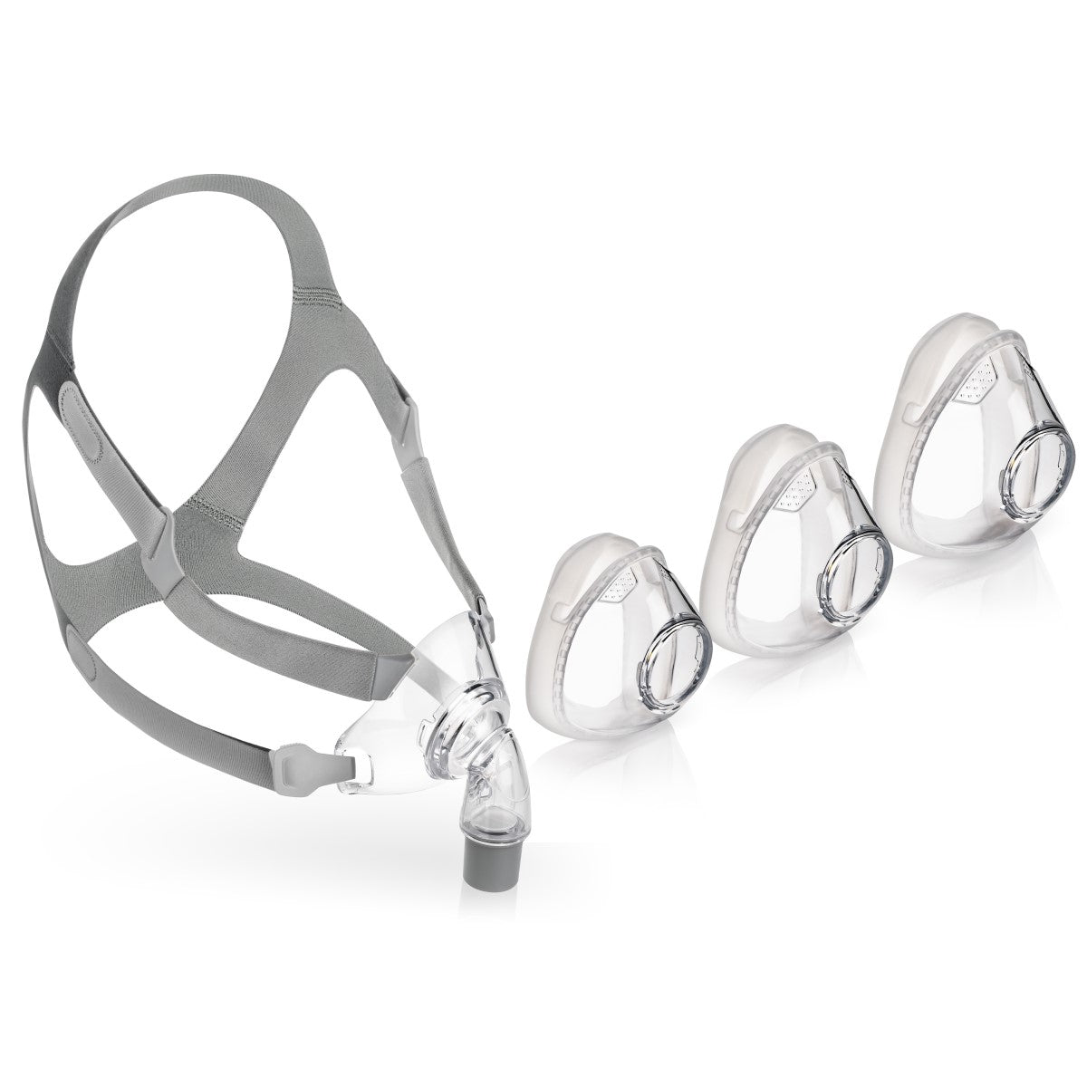 Angled Stock Image of React Health's Siesta Full Face Mask FitPack W/ Optional Headgear