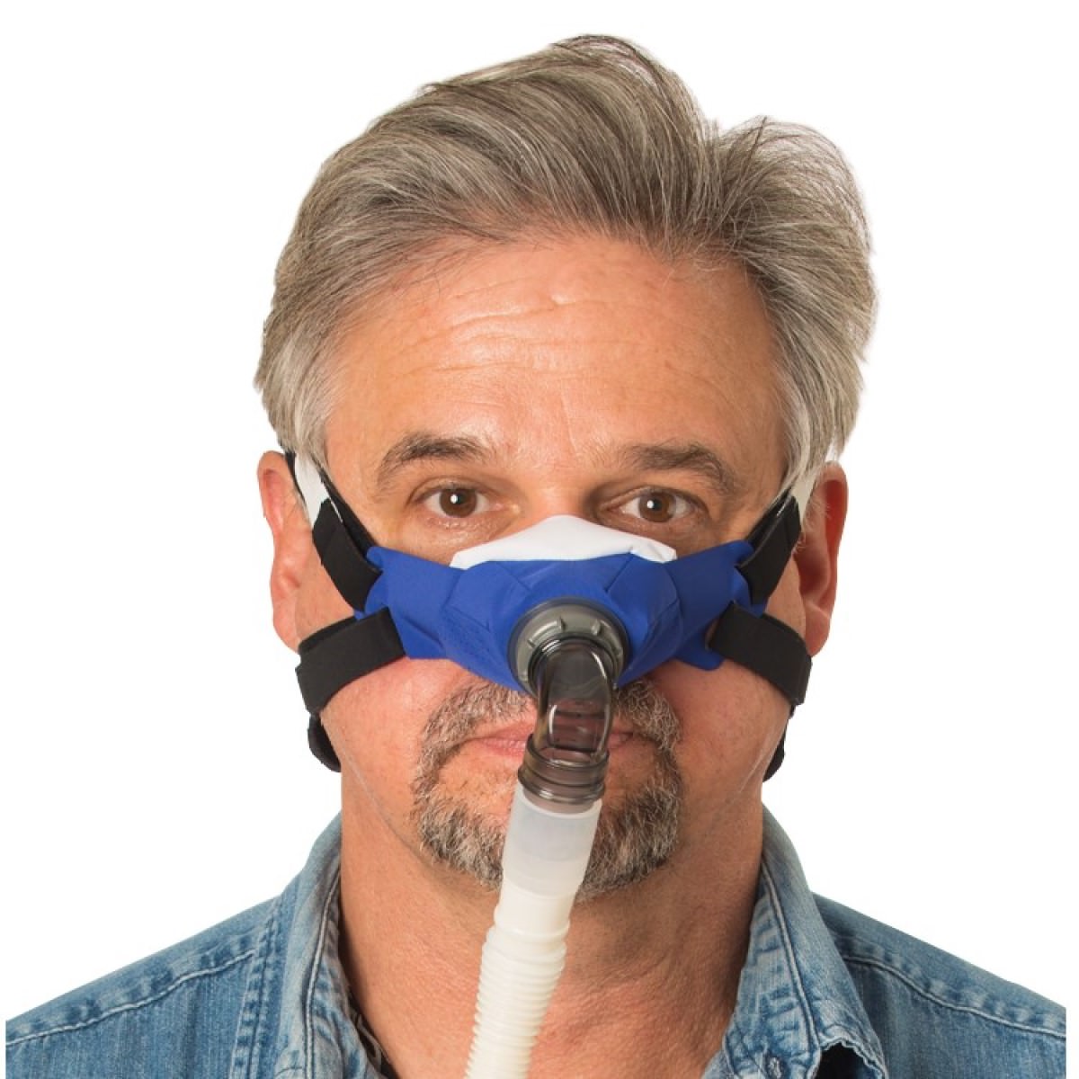 Stock Image of Man Wearing SleepWeaver 3D Soft Cloth Nasal CPAP Mask W/ Headgear