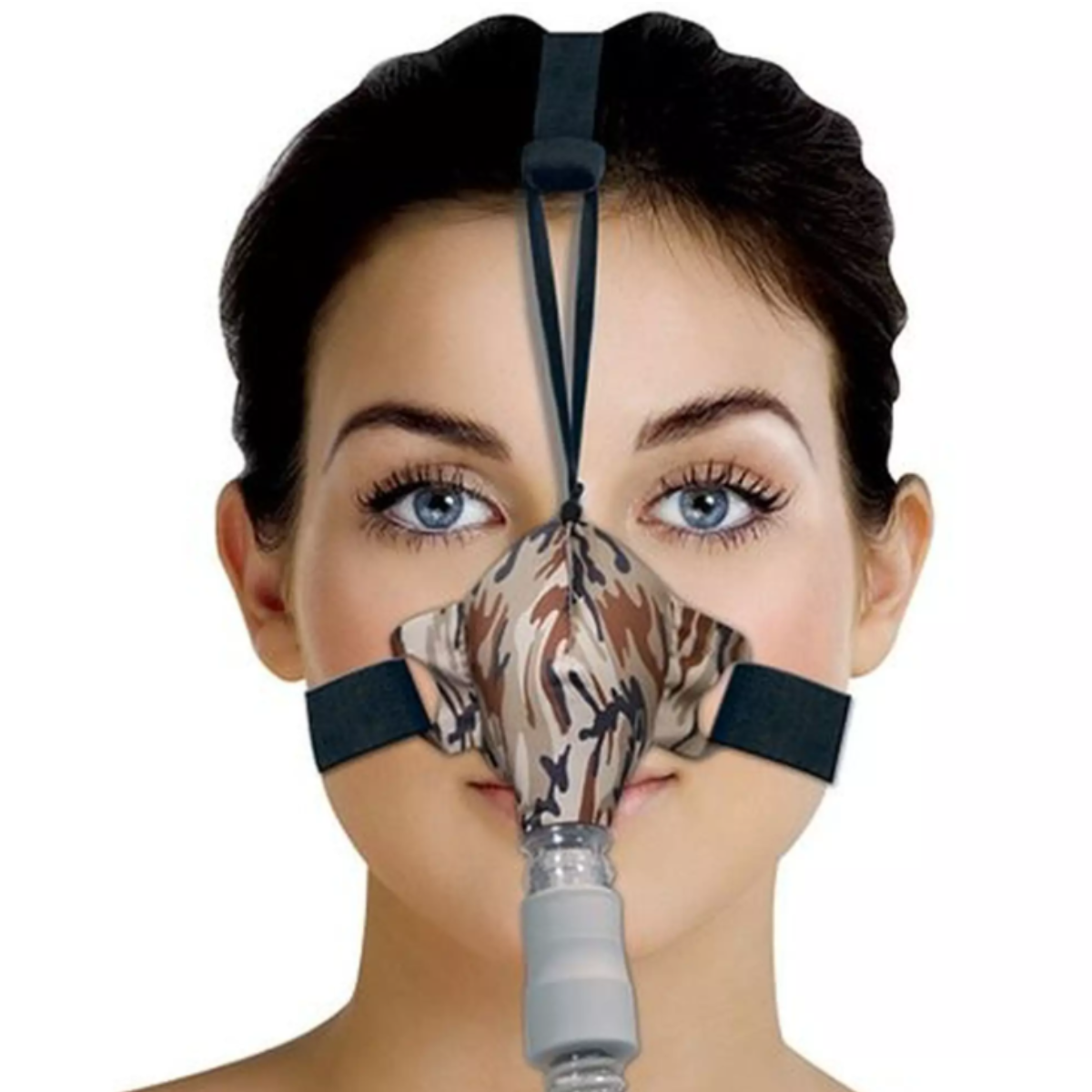 Photo of woman wearing Circadiance SleepWeaver Nasal CPAP Camo Mask