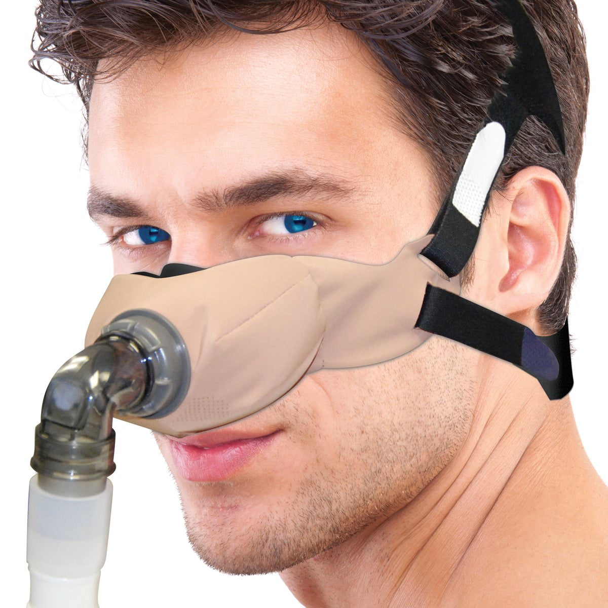 Stock Image of Man Wearing SleepWeaver Elan Beige Cloth Nasal Mask W/ Headgear