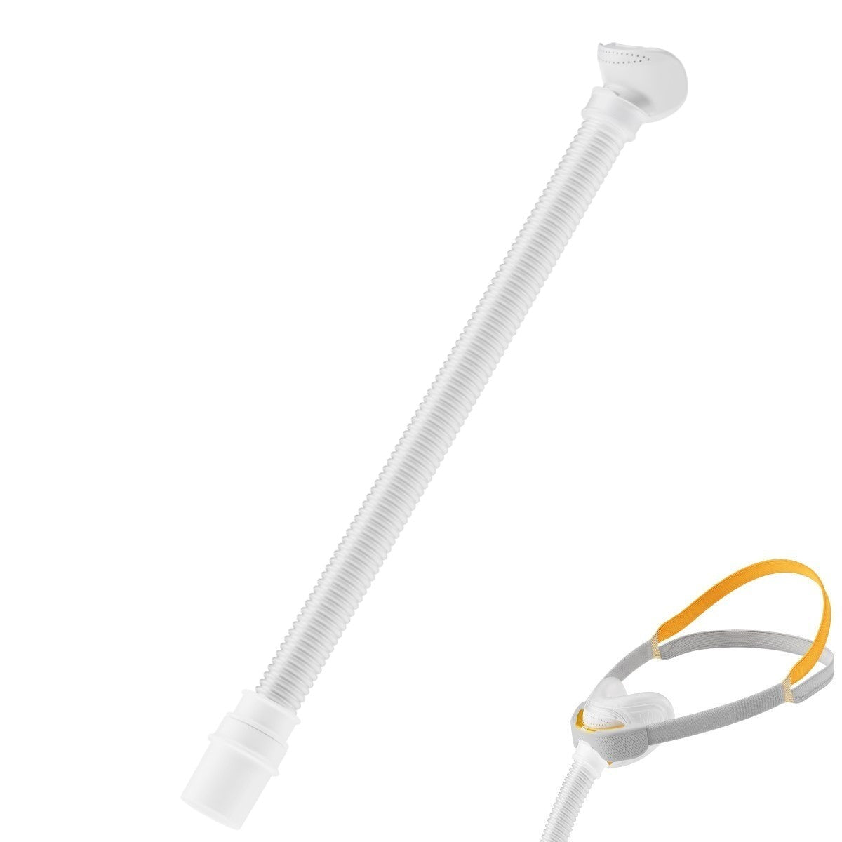 Stock photo of Fisher and Paykel Solo CPAP mask tubing, frame, and swivel
