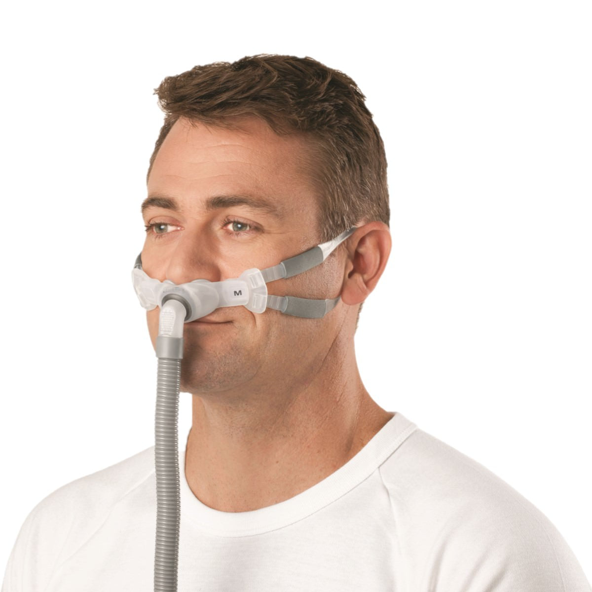 Man Fitted W/ ResMed Swift FX Bella Gray Nasal Pillow CPAP Mask