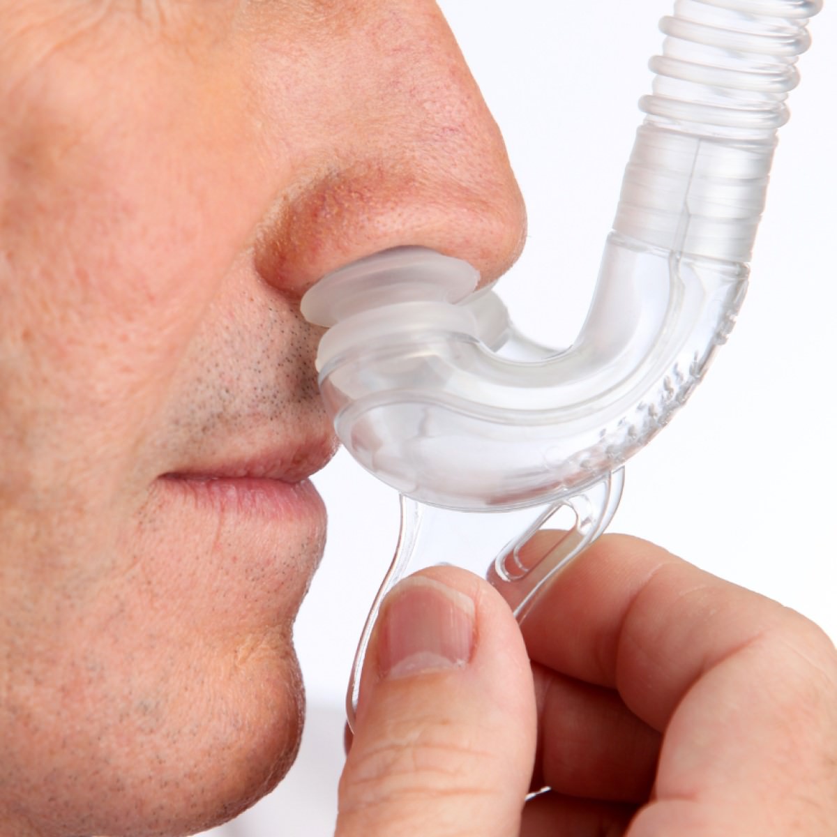 Side View of Tap Pap Nasal Pillow CPAP Mask W/ Stability Mouthpiece