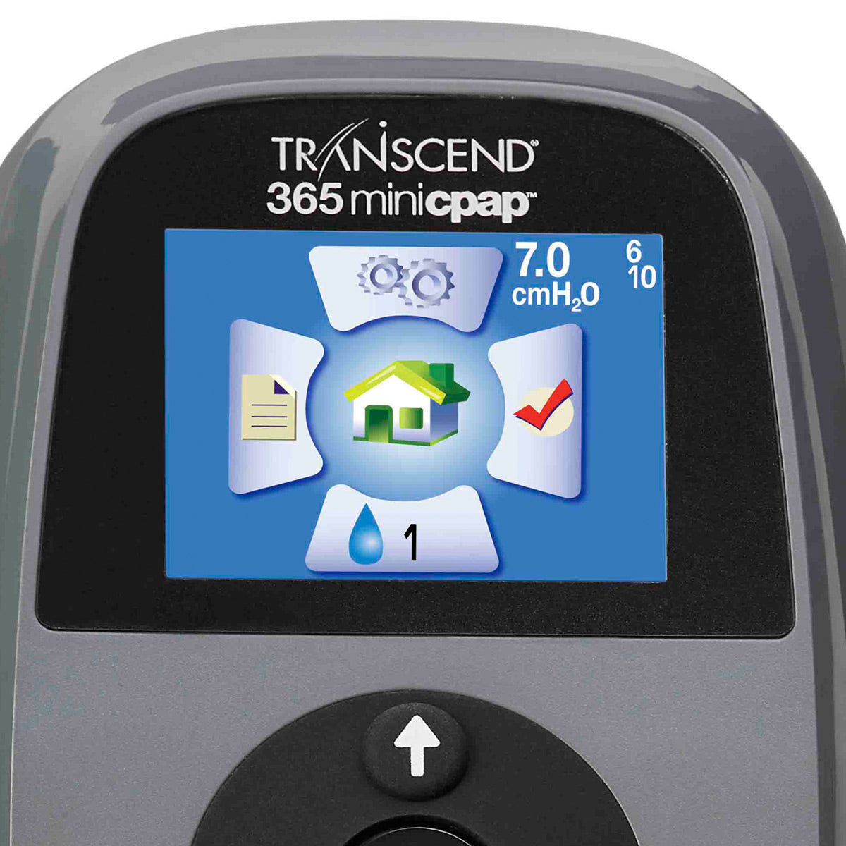 Stock image of Somnetics Transcend 365 MiniCPAP auto travel machine front screen