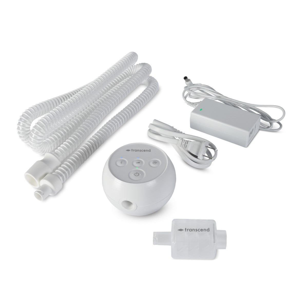 Stock photo of certified refurbished Transcend Micro Auto Travel CPAP machine, cord, tube, and power bank